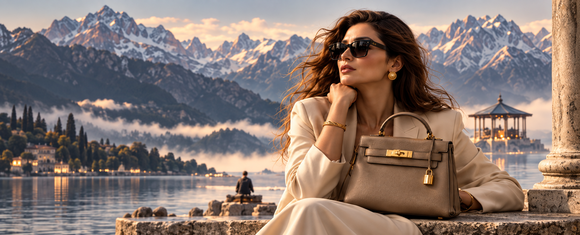 A woman with a timeless handbag in a softly lit interior