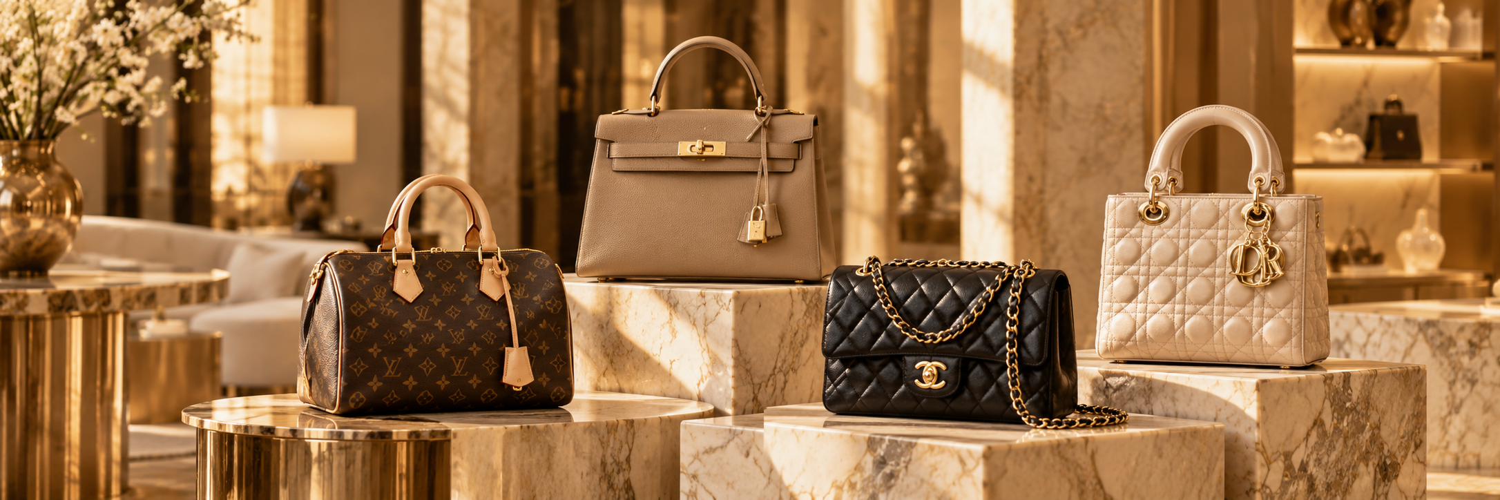 Handbags arranged among flowers and marble details